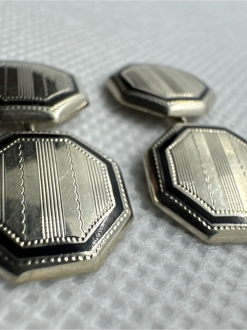 Antique Art Deco 14K White Gold Enamel Guilloche Engraved Cufflinks 3.79g